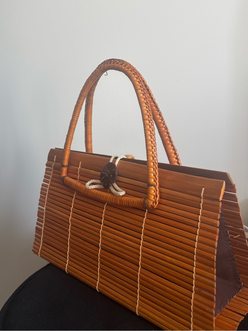 Vintage Bamboo Slat Handbag Structured Resort Boho Tote.